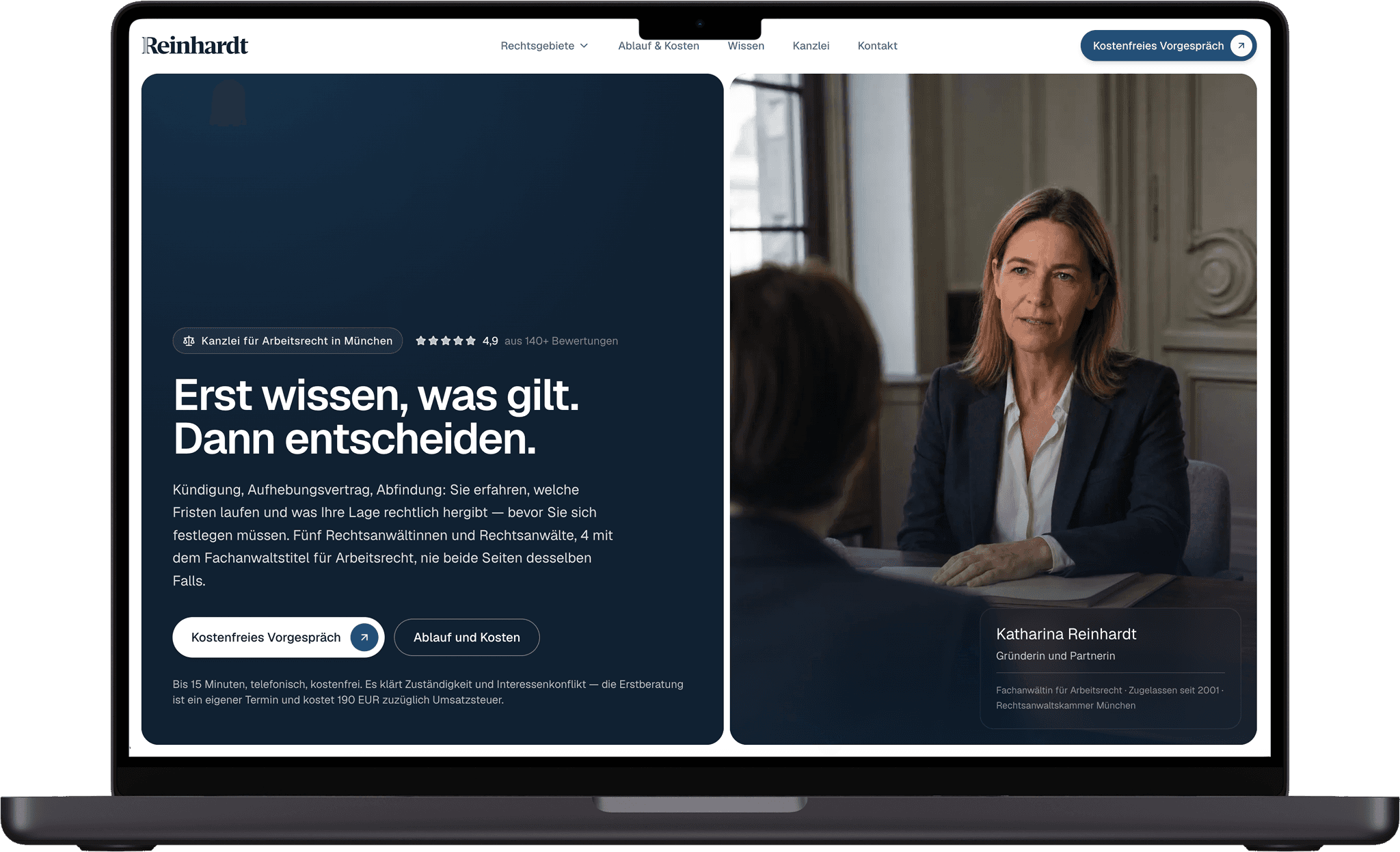 Die Website der Kanzlei Reinhardt auf einem MacBook — Startseite mit Kanzleiporträt